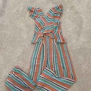 Girls Ruffled Striped Jumpsuit
